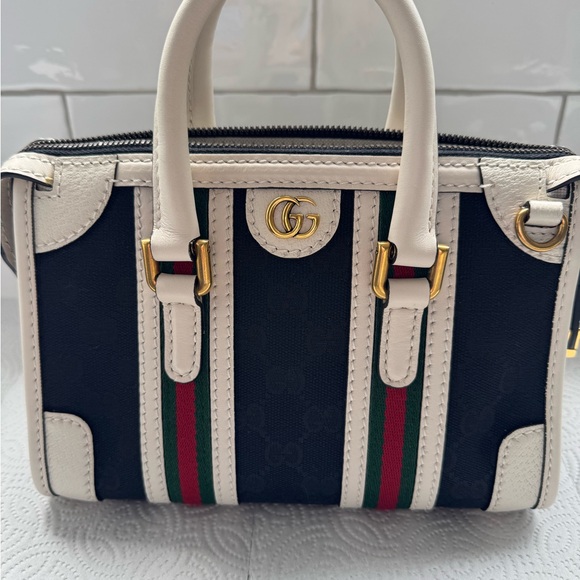 Gucci Double G web Black and Cream Mini canvas/leather Bag with Gold Accents - Picture 1 of 15